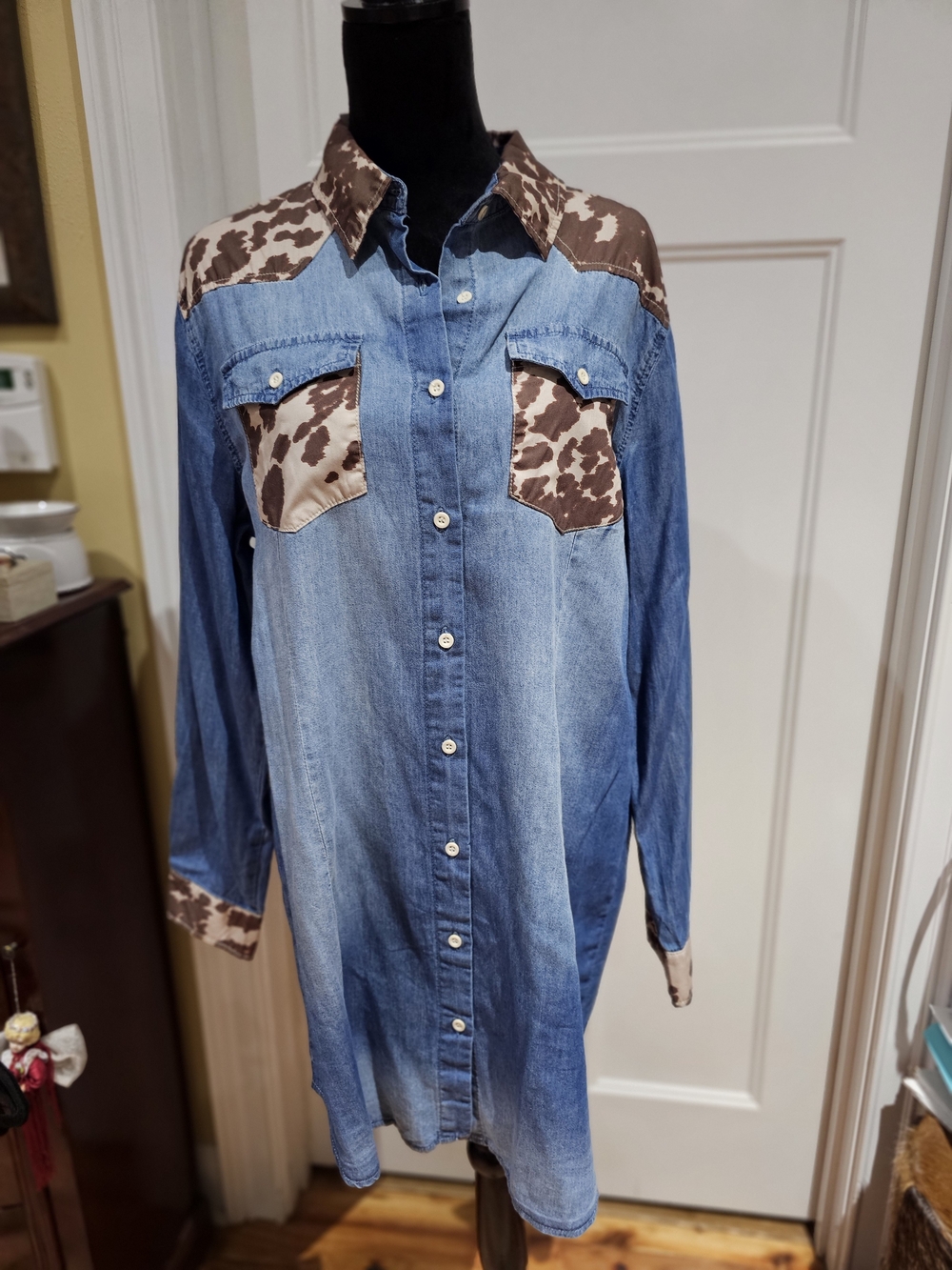 Denim Western-Style Long Shirt with Brown Cowhide Print Accents